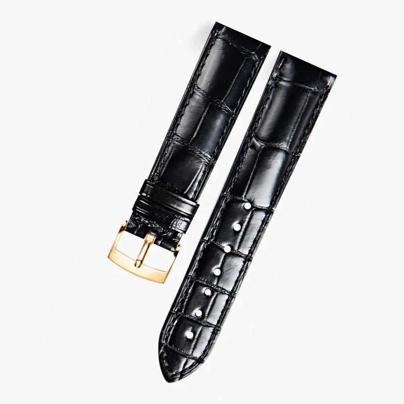 Black alligator-textured leather watch band compatible with Omega dress watches, featuring a polished rose gold pin buckle for a refined and timeless look