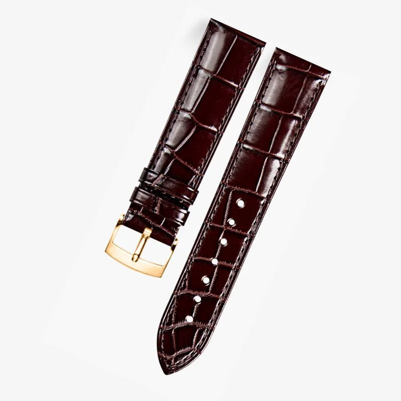 Brown alligator-textured leather watch band compatible with Omega dress watches, featuring a polished rose gold pin buckle for a refined and timeless look