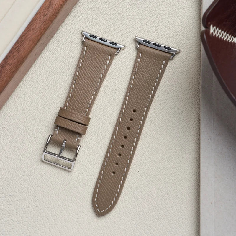 Minimalist gray Epsom leather watch band, compatible with Apple Watch Series 12 11 10.