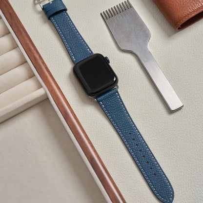 Handcrafted navy blue Epsom leather watch band compatible with Apple Watch, perfect for professional attire.