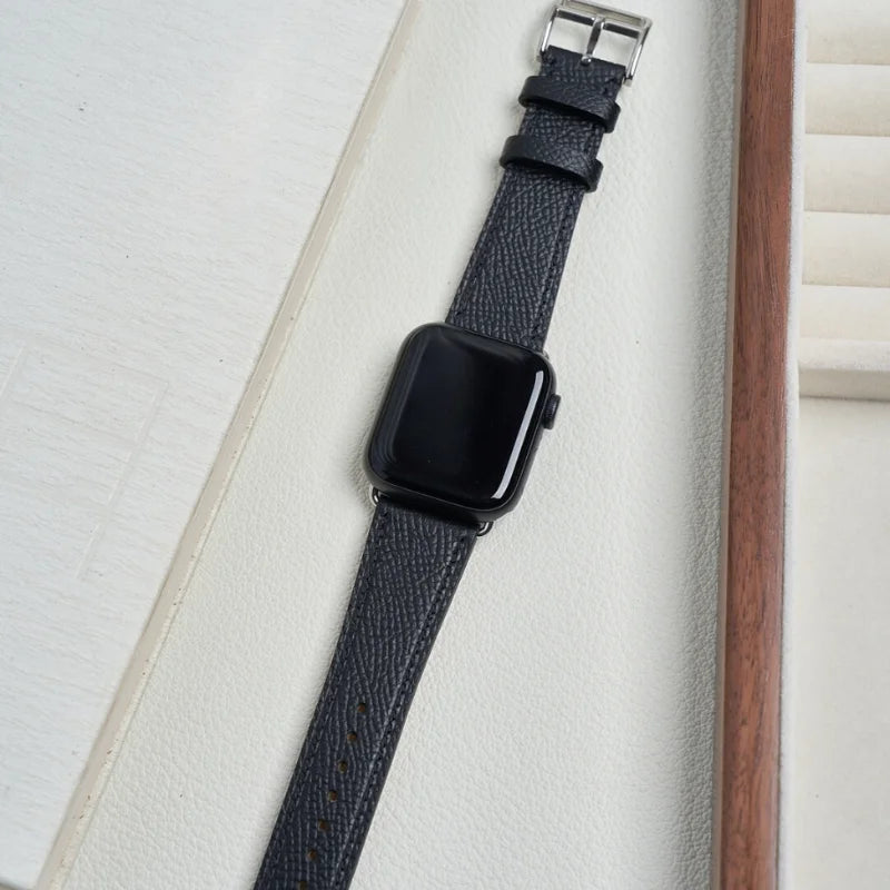 WatchesMate handcrafted black Epsom leather strap, compatible with Apple Watch Ultra and Series 10.