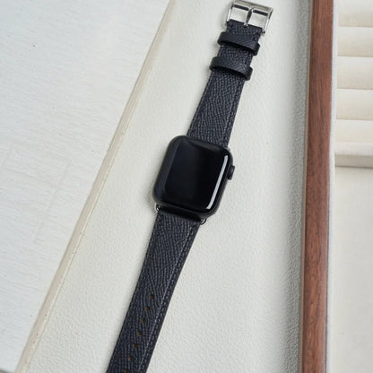 WatchesMate handcrafted black Epsom leather strap, compatible with Apple Watch Ultra and Series 10.