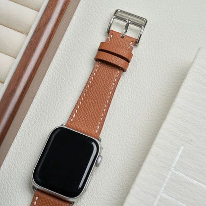 Classic brown Epsom leather replacement strap, compatible with Apple Watch.