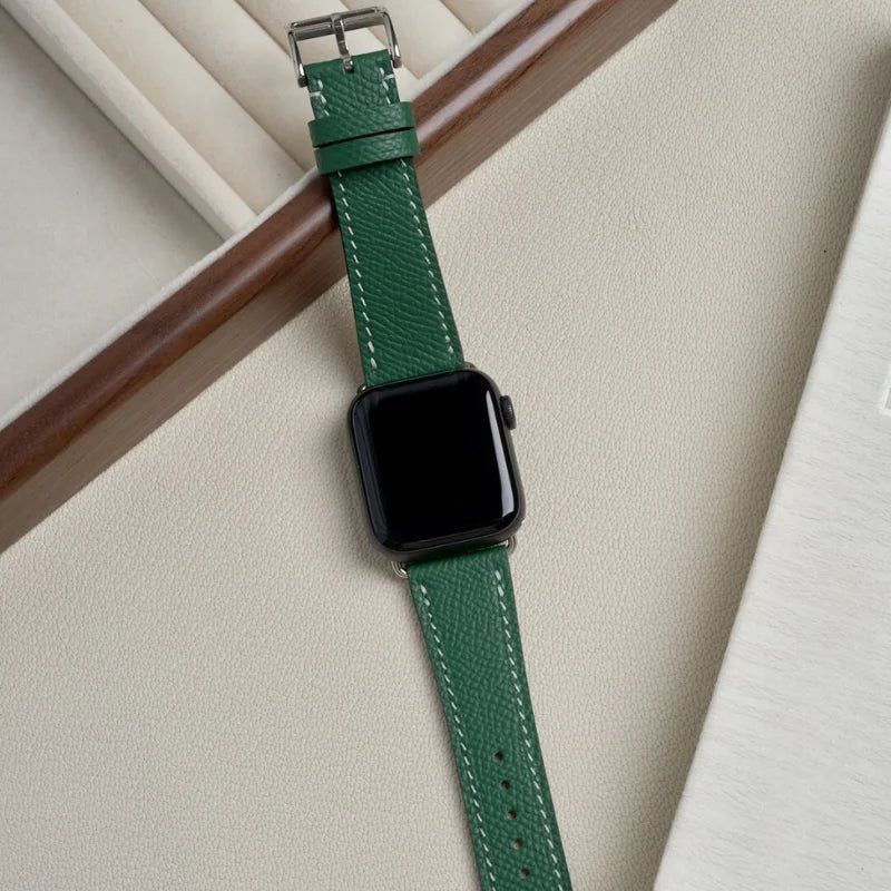 Handcrafted green Epsom leather strap, compatible with Apple Watch 46mm and 42mm.